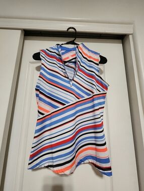 Sleeveless Golf Zip-Front Striped Women’s Top - Blue, Red & Coral